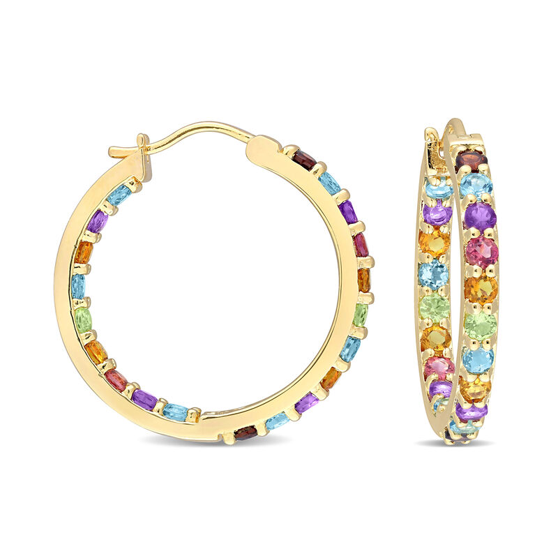 2.28 ct. t.w. Multi-Gemstone Inside-Outside Hoop Earrings in 18kt Gold Over Sterling. 1 1/6"
