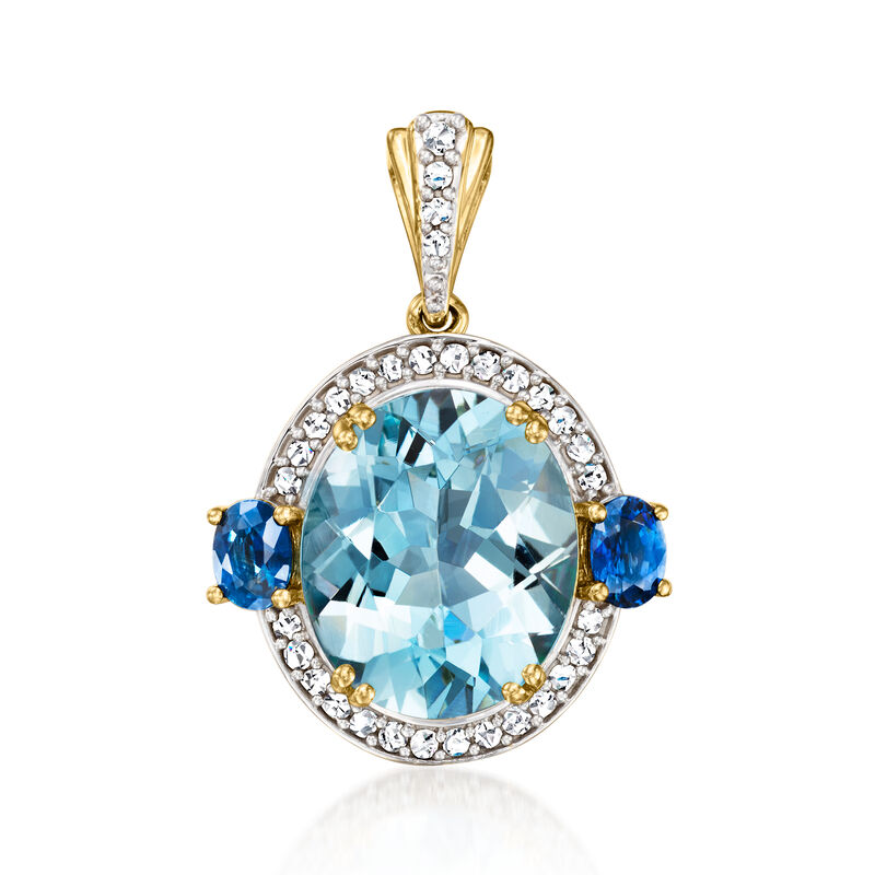 4.90 Carat Aquamarine and .50 ct. t.w. Sapphire Pendant with .16 ct. t.w. Diamonds in 14kt Yellow Gold image number 0