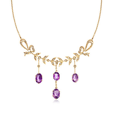 C. 1900 Vintage 9.60 ct. t.w. Amethyst Drop Necklace with Seed Pearls in 14kt Yellow Gold