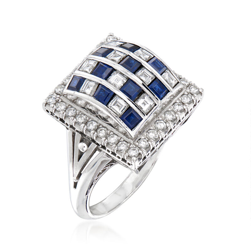 C. 1950 Vintage .95 ct. t.w. Diamond and .82 ct. t.w. Sapphire Checkerboard Ring in Platinum. Size 6.5 image number 2