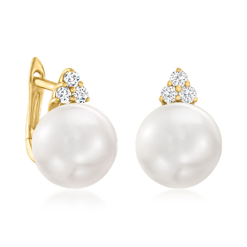 8.5-9mm Cultured Pearl and .16 ct. t.w. Diamond Drop Earrings in 14kt Yellow Gold image number 2