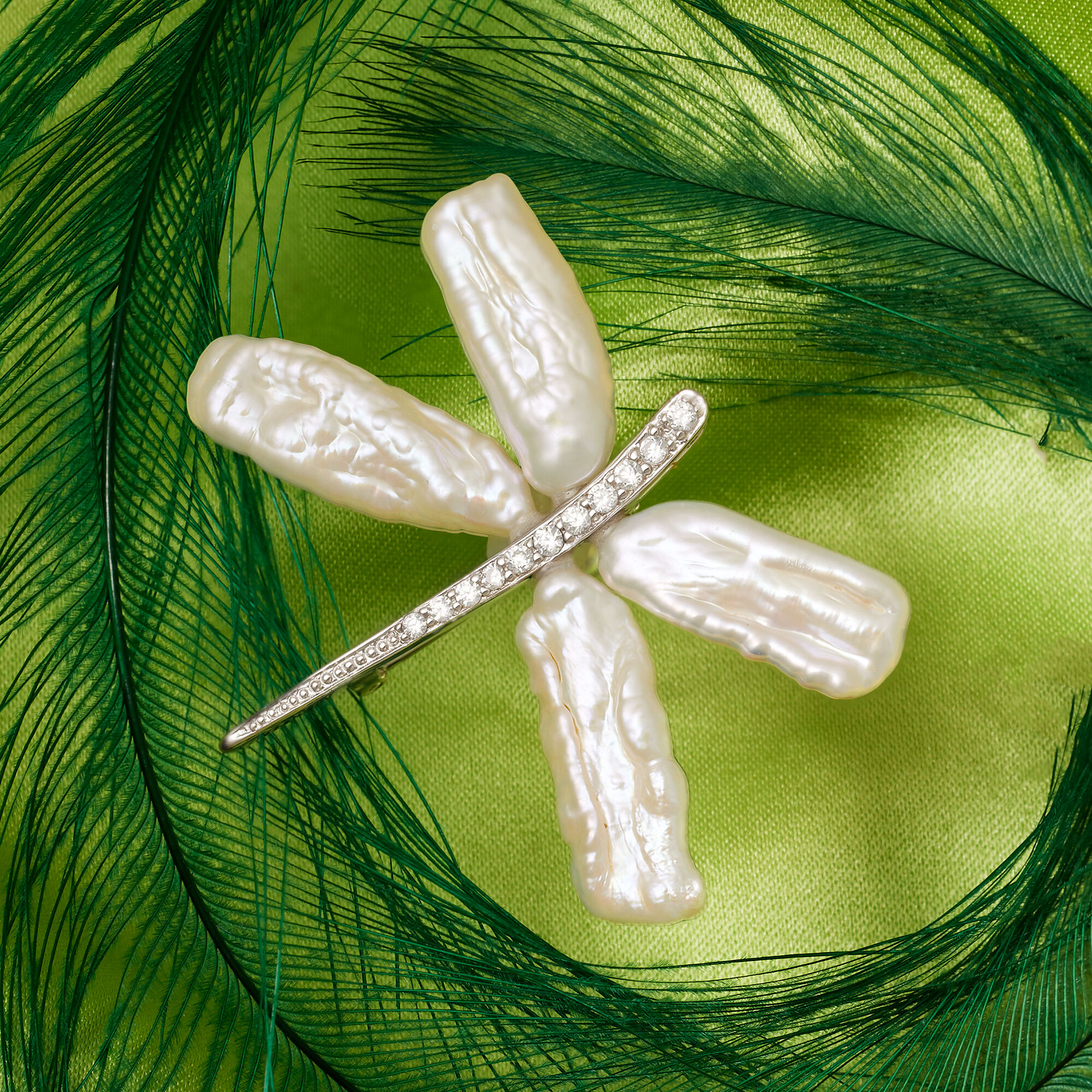 6x20mm Cultured Pearl and .20 ct. t.w. CZ Dragonfly Pin