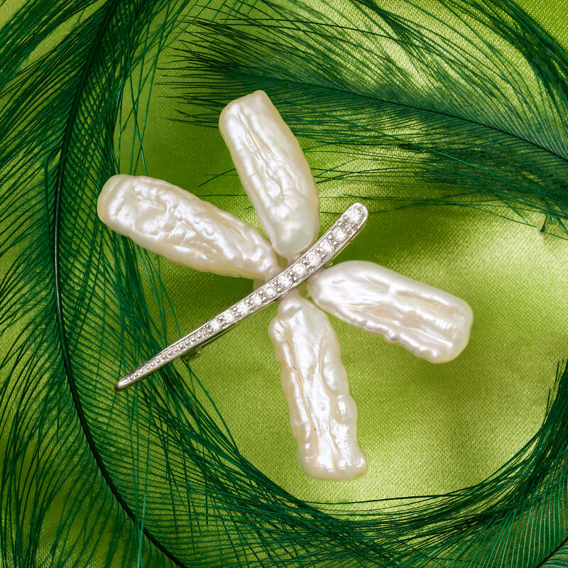 6x20mm Cultured Pearl and .20 ct. t.w. CZ Dragonfly Pin/Pendant in Sterling Silver image number 2