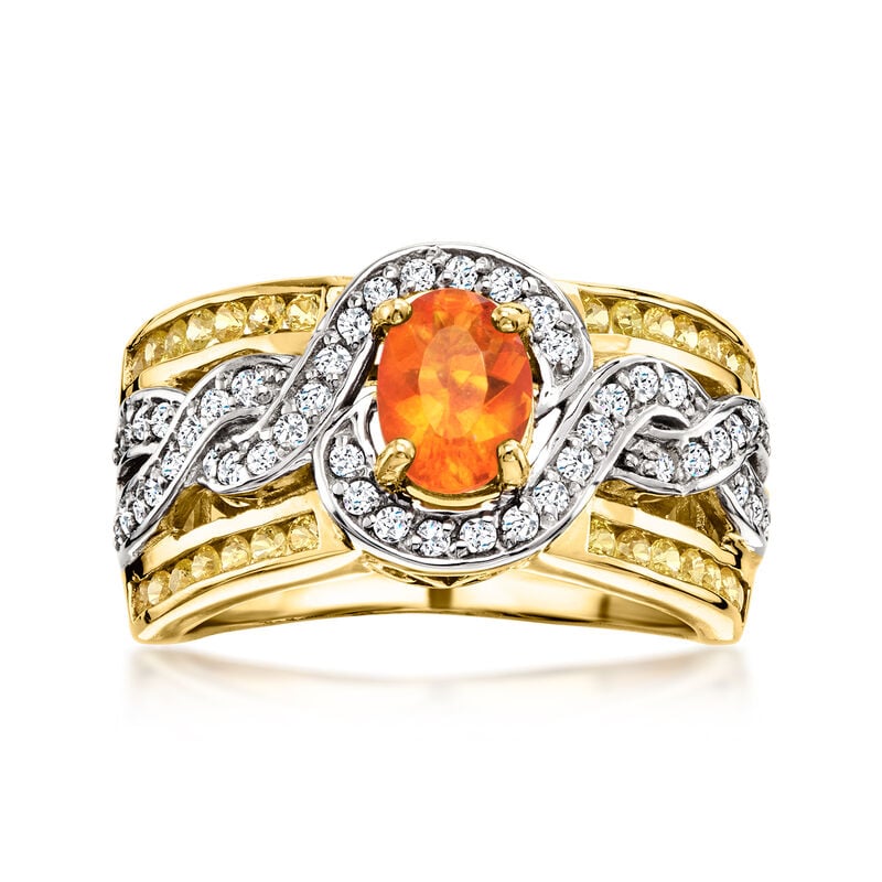 Fire Opal Ring with .60 ct. t.w. Yellow Sapphires and .30 ct. t.w. White Zircons in 18kt Gold Over Sterling image number 0