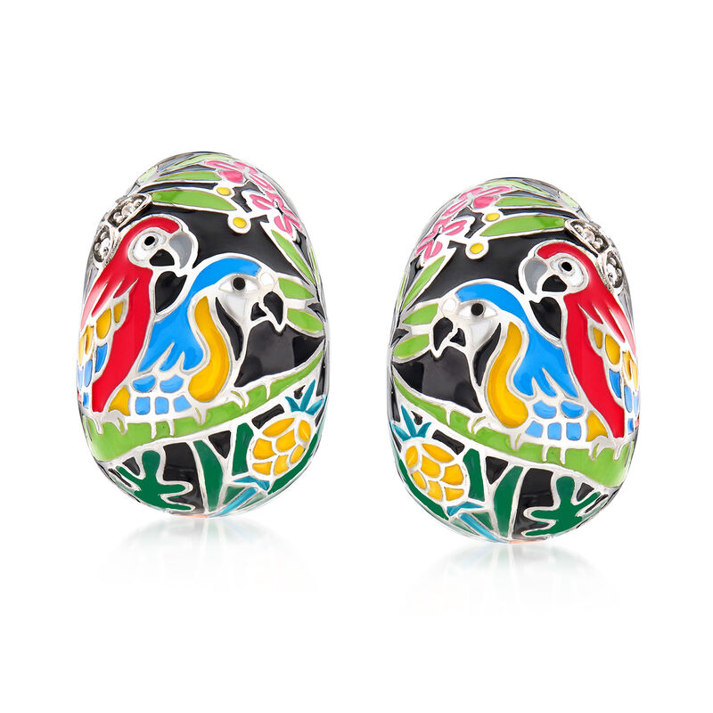 Belle Etoile &quot;Macaw&quot; Multicolored Enamel C-Hoop Earrings with CZ Accents in Sterling Silver. 3/4&quot; image number 0