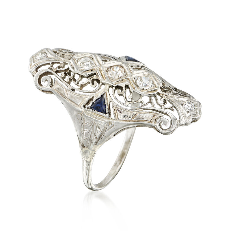 C. 1940 Vintage .47 ct. t.w. Diamond and .20 ct. t.w. Synthetic Sapphire Filigree Ring in 18kt White Gold. Size 8.5 image number 2