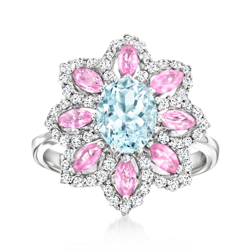 1.10 Carat Aquamarine and .90 ct. t.w. Pink Sapphire Flower Ring with .45 ct. t.w. Diamonds in 14kt White Gold. Size 8 image number 0