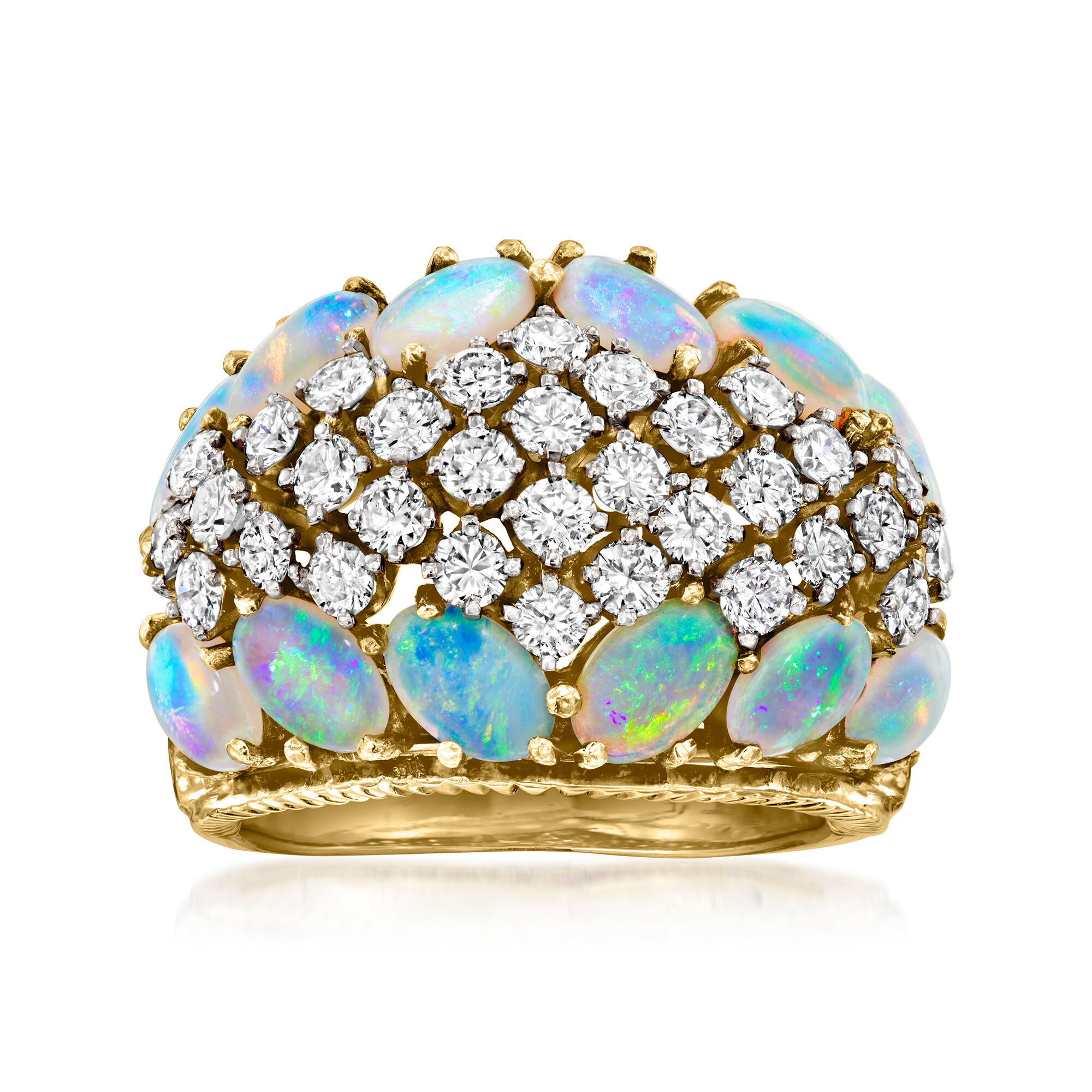 C. 1980 Vintage Opal and 2.25 ct. t.w. Diamond Basketweave Ring in