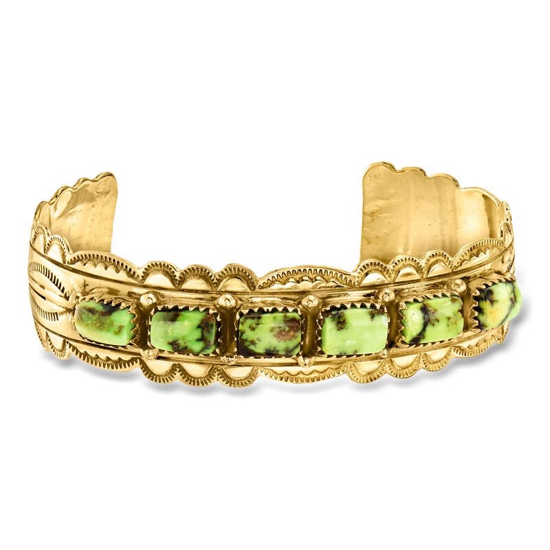 C. 1940 Vintage Green Turquoise Cuff Bracelet in 14kt Yellow Gold. 7" image number 0