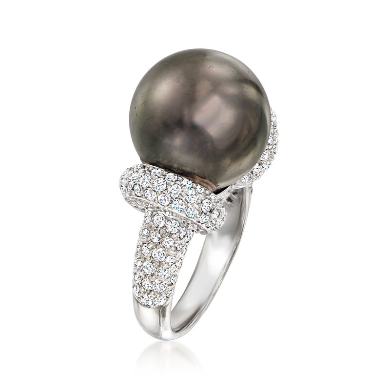 C. 1990 Vintage 14.5mm Cultured Black South Sea Pearl and 3.40 ct. t.w. Diamond Ring in 18kt White Gold. Size 6.5 image number 2