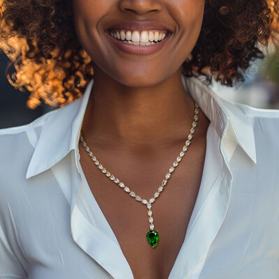 9.00 Carat Simulated Emerald Drop Necklace with 25.00 ct. t.w. CZs in 18kt Gold Over Sterling