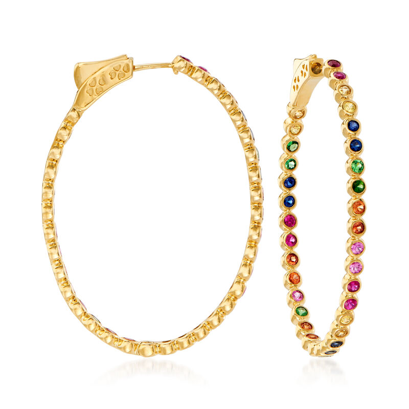 2.60 ct. t.w. Multicolored Sapphire and .70 ct. t.w. Ruby Inside-Outside Hoop Earrings in 14kt Yellow Gold. 1 7/8&quot; image number 0