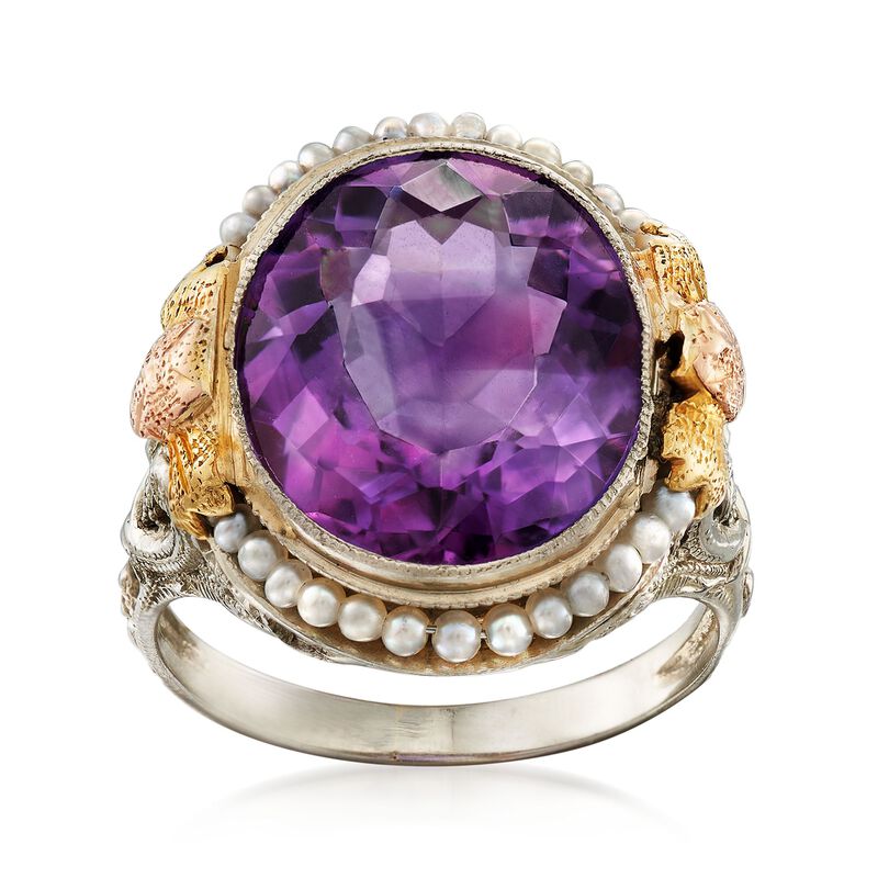 C. 1950 Vintage 6.00 Carat Amethyst and Cultured Seed Pearl Floral Ring in 18kt Tri-Colored Gold image number 0