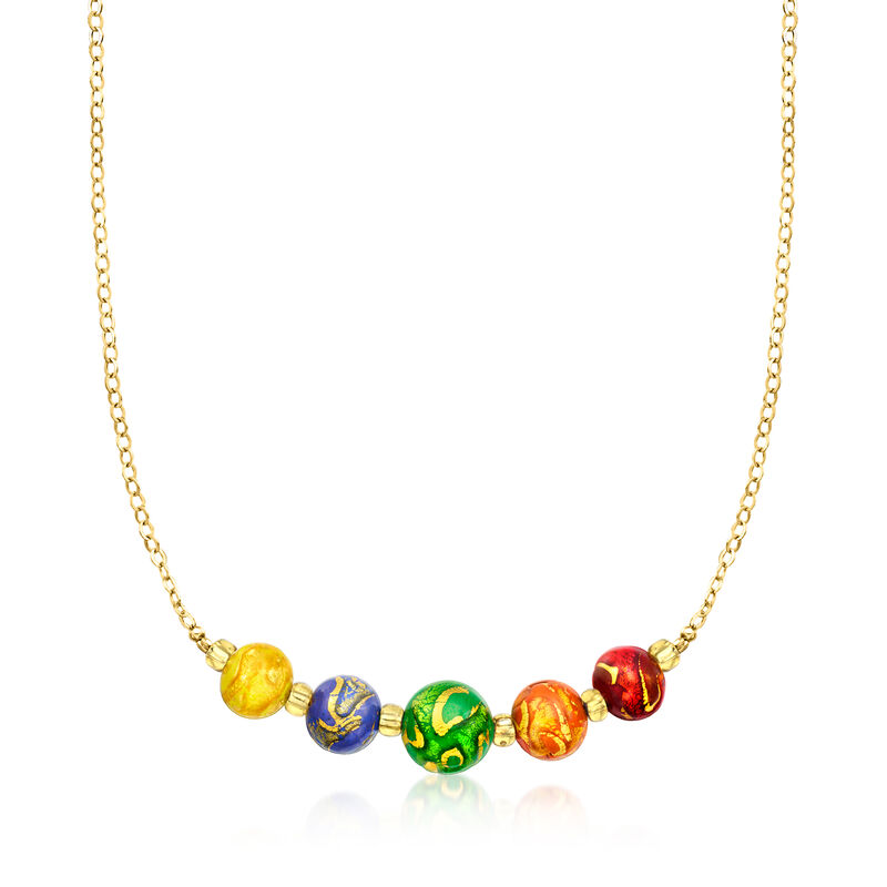 Italian Rainbow Murano Glass Bead Necklace in 18kt Gold Over Sterling. 18&quot; image number 1