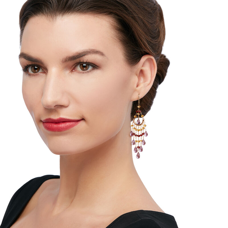 18.00 ct. t.w. Amethyst and 5.50 ct. t.w. Citrine with 3.20 ct. t.w. Garnet Chandelier Earrings in 14kt Yellow Gold image number 1