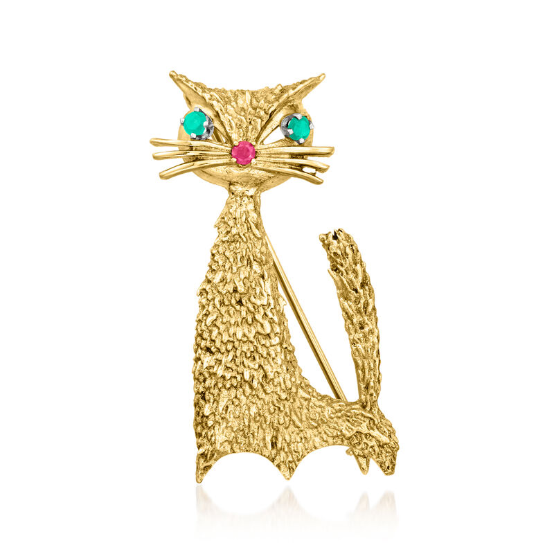 C. 1970 Vintage .10 ct. t.w. Emerald Cat Pin with Single Ruby in 14kt Yellow Gold image number 0