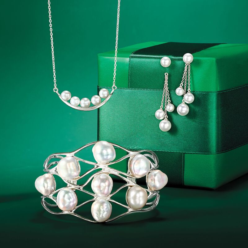 5-7mm Shell Pearl Jewelry Set: Earrings and Tassel Earring Jackets in Sterling Silver image number 7