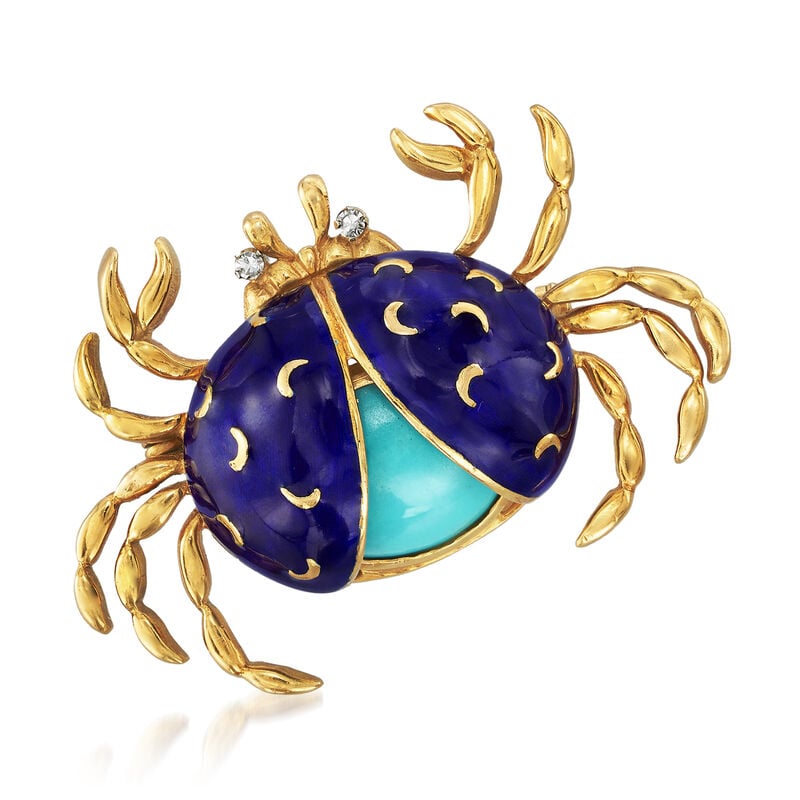 C. 1970 Vintage Turquoise and Blue Enamel Crab Pin with Diamond Accents in 18kt Yellow Gold image number 0