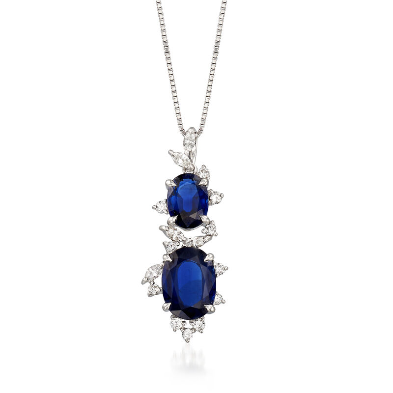 C. 1990 Vintage 4.14 ct. t.w. Sapphire and .40 ct. t.w. Diamond Pendant Necklace in 18kt White Gold. 18&quot; image number 1
