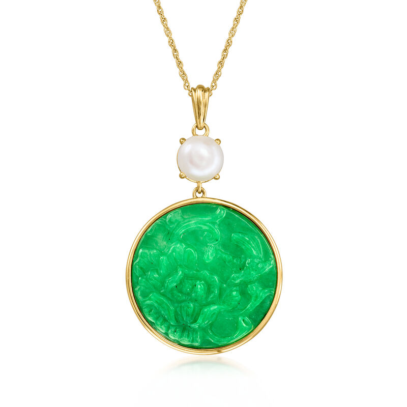 Carved Jade and 8-8.5mm Cultured Pearl Pendant Necklace in 18kt Gold Over Sterling. 18" image number 1