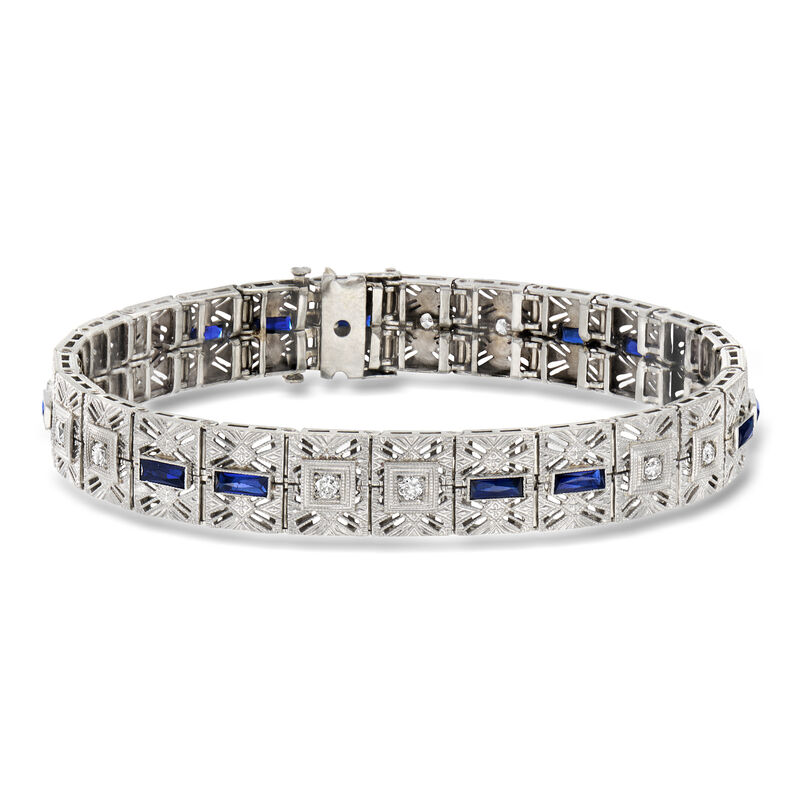 C. 1950 Vintage 2.60 ct. t.w. Synthetic Sapphire Filigree Bracelet with .55 ct. t.w. Diamonds in Platinum and 14kt White Gold. 7" image number 0