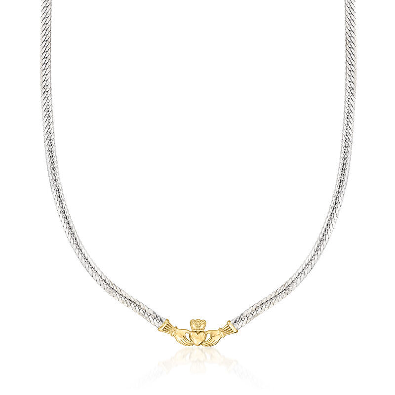 Sterling Silver and 18kt Gold Over Sterling Claddagh Cuban-Link Necklace image number 0