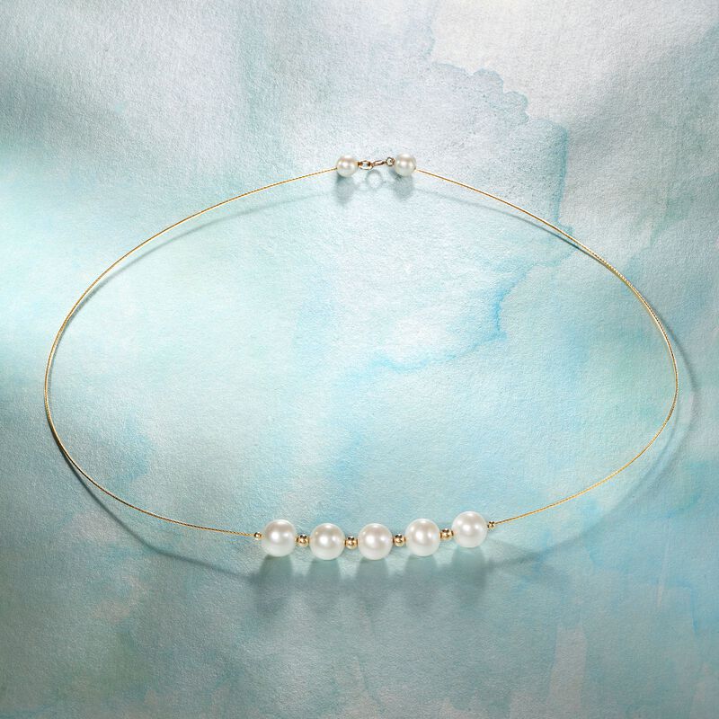 9-9.5mm Cultured Pearl Station Wire Necklace in 14kt Yellow Gold image number 2