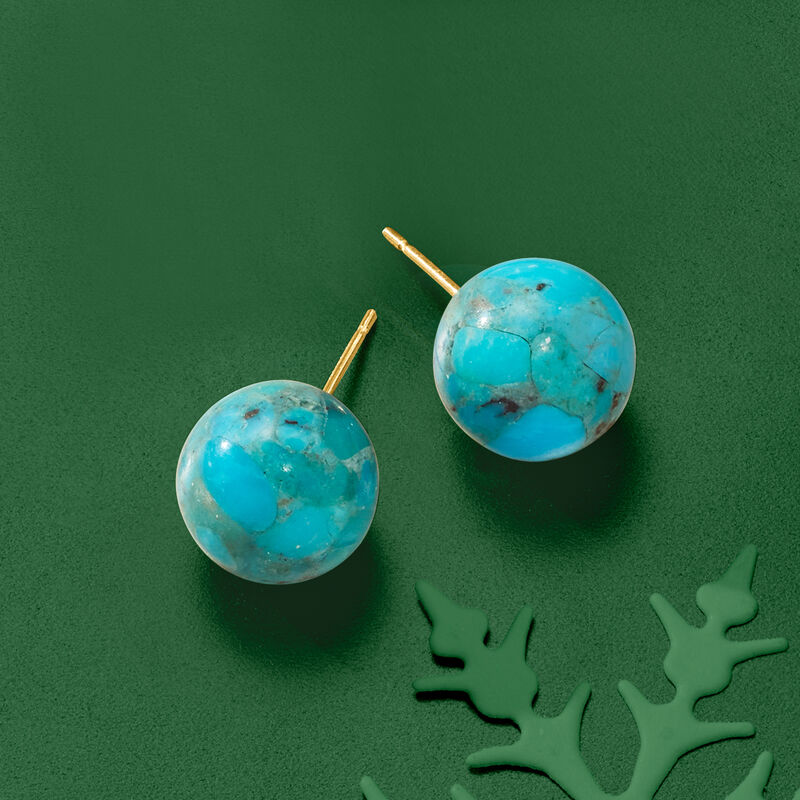 10-10.5mm Turquoise Bead Stud Earrings in 14kt Yellow Gold image number 3