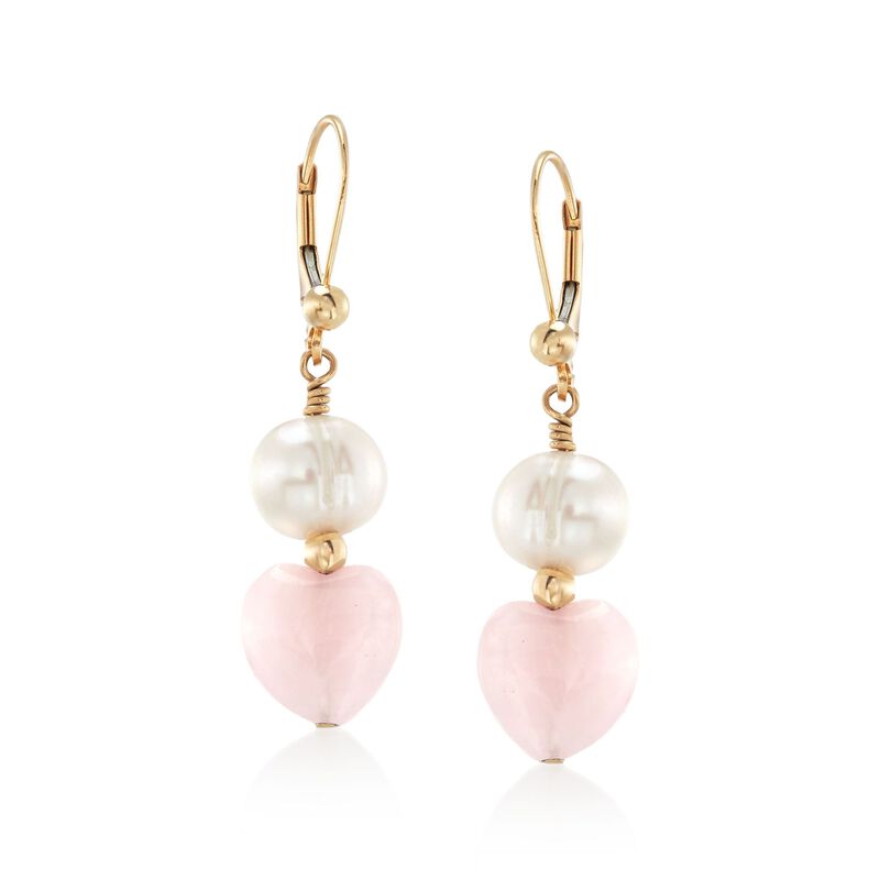 8-9mm Cultured Pearl and 7.50 ct. t.w. Rose Quartz Heart Bead Drop Earrings in 14kt Yellow Gold  image number 0