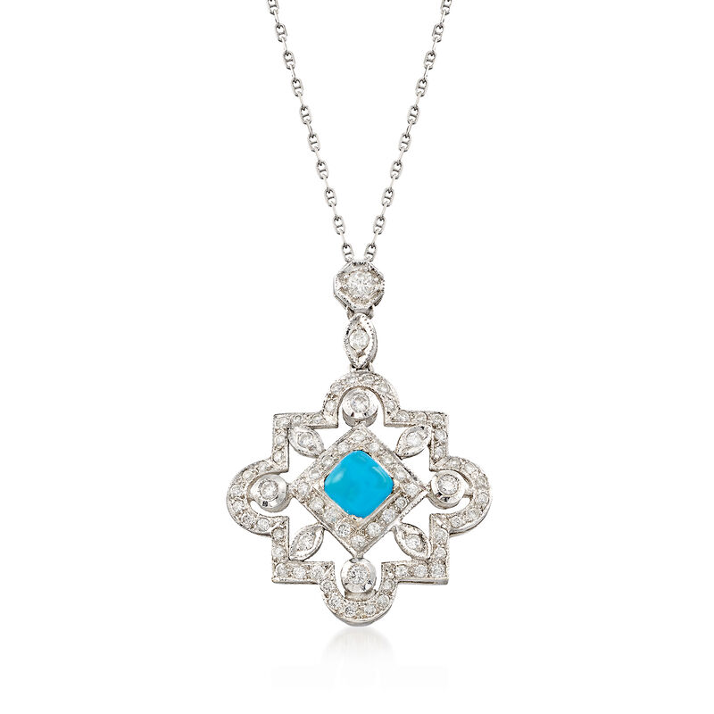 C. 2000 Vintage Reconstituted Turquoise and .75 ct. t.w. Diamond Necklace in 18kt White Gold. 16&quot; image number 1