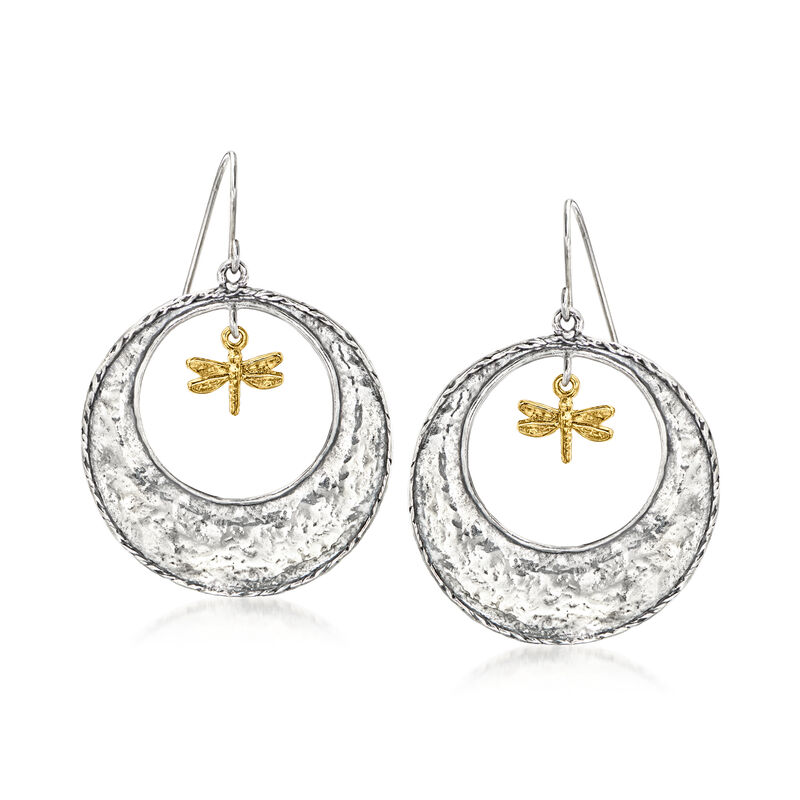 Sterling Silver and 18kt Gold Over Sterling Dragonfly Open-Circle Drop Earrings image number 0