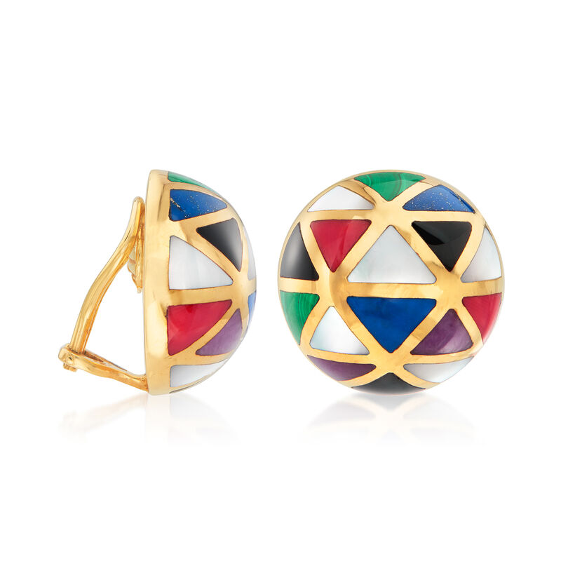 C. 1990 Vintage Asch Grossbardt Multi-Gemstone Geometric Clip-On Earrings in 14kt Yellow Gold image number 2