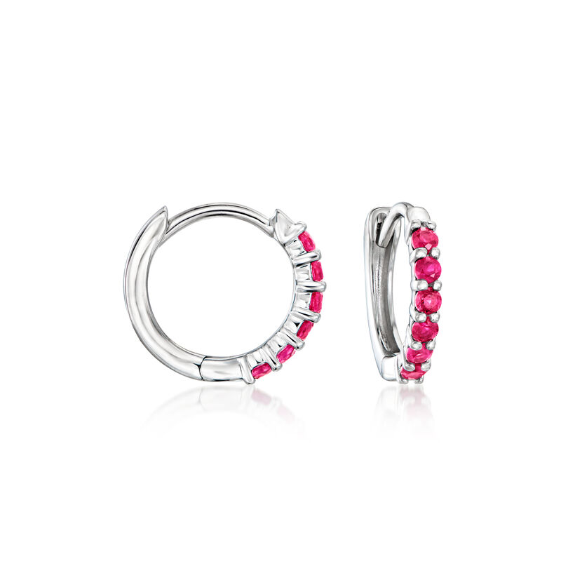 Gabriel Designs .26 ct. t.w. Ruby Huggie Hoop Earrings in 14kt White Gold. 3/8" image number 0