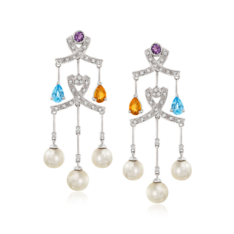 C. 1990 Vintage 7-7.5mm Cultured Pearl and 1.74 ct. t.w. Multi-Gemstone Chandelier Earrings with .58 ct. t.w. Diamonds in 14kt White Gold  image number 0