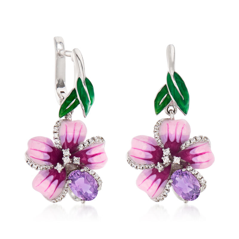 1.40 ct. t.w. Amethyst and .28 ct. t.w. White Topaz Flower Drop Earrings with Multicolored Enamel in Sterling Silver image number 2