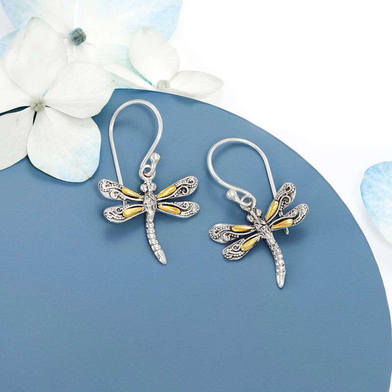 Sterling Silver Bali-Style Dragonfly Drop Earrings with 18kt Yellow Gold  image number 2