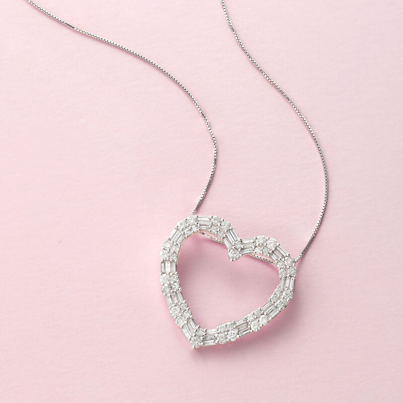 3.00 ct. t.w. Round and Baguette Diamond Open Heart Necklace in 14kt White Gold image number 2