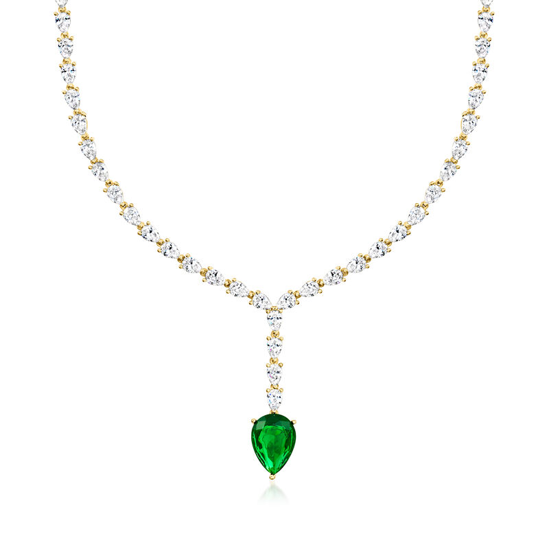9.00 Carat Simulated Emerald Drop Necklace with 25.00 ct. t.w. CZs in 18kt Gold Over Sterling. 17" image number 1