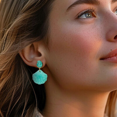 Carved Amazonite Seashell Drop Earrings in 18kt Gold Over Sterling