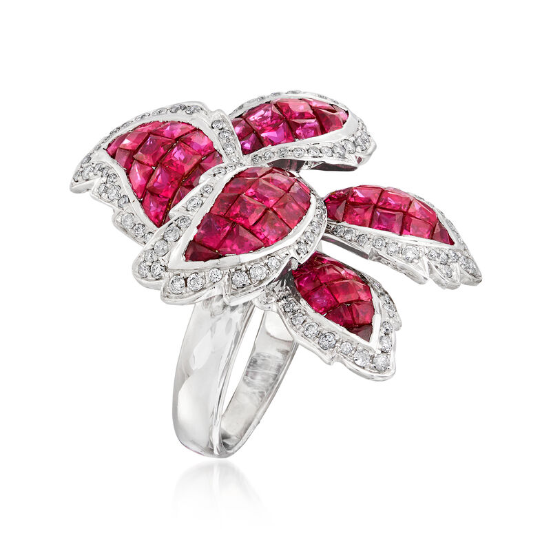 5.20 ct. t.w. Ruby and .60 ct. t.w. Diamond Leaf Ring in 18kt White Gold image number 2