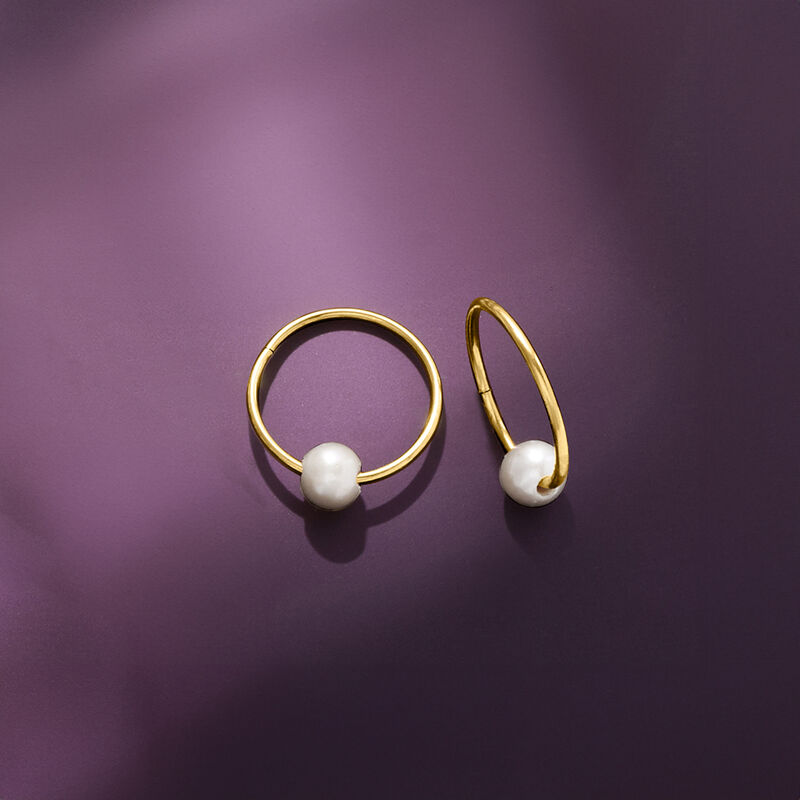 14kt Yellow Gold Hoop Earrings with Removable 5-6mm Cultured Pearls. 5/8&quot; image number 2