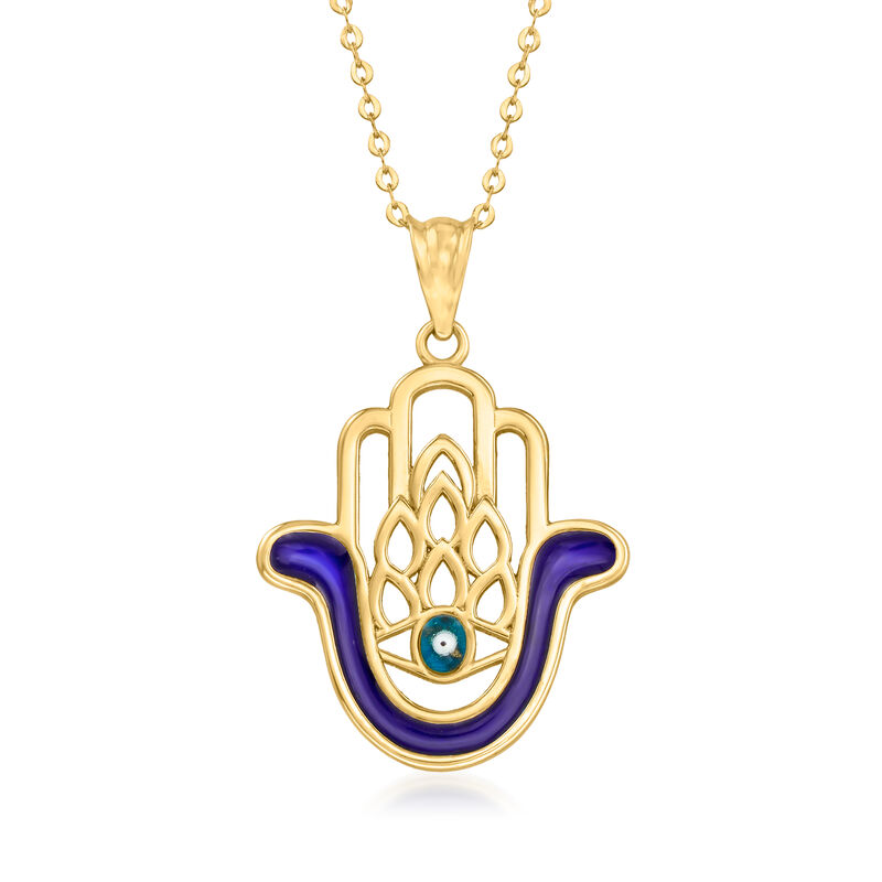 Blue Enamel Hamsa Pendant Necklace in 10kt Yellow Gold image number 0