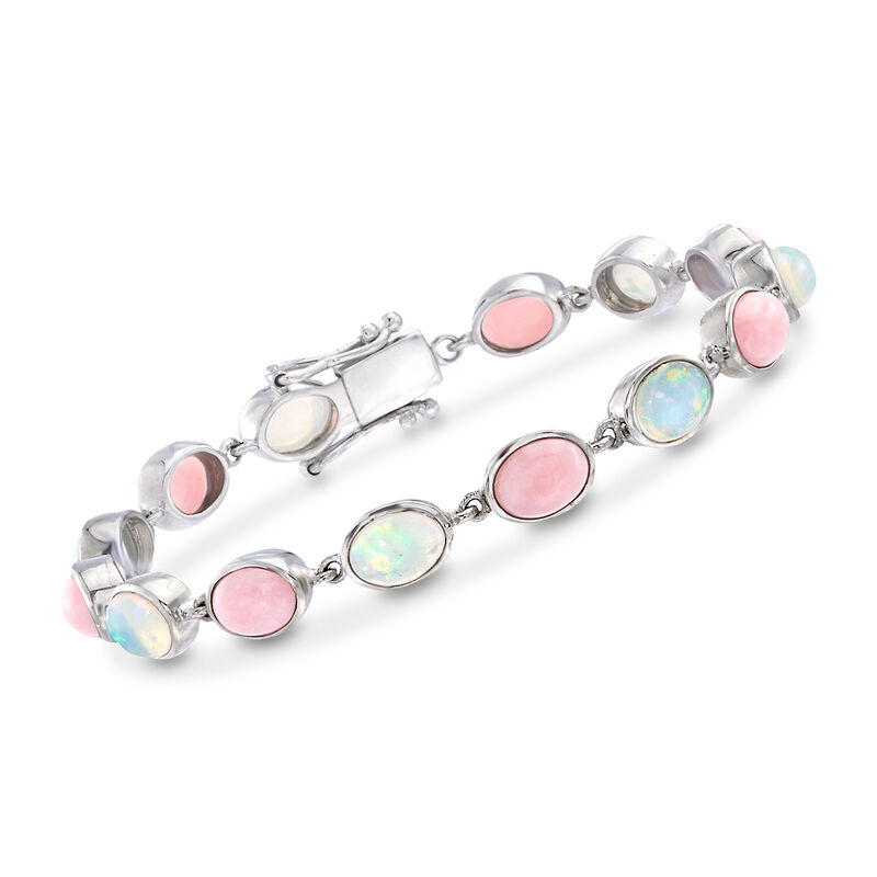 Pink and White Ethiopian Opal Link Bracelet in Sterling Silver. 7&quot; image number 0