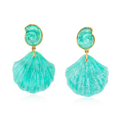 Carved Amazonite Seashell Drop Earrings in 18kt Gold Over Sterling