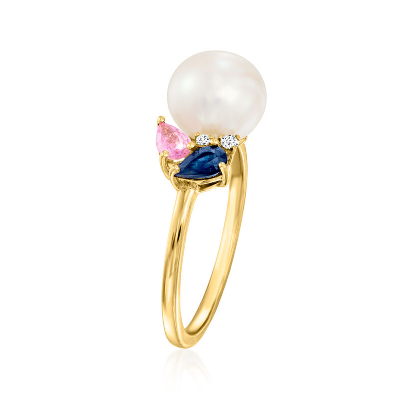 8-8.5mm Cultured Pearl and .40 ct. t.w. Multicolored Sapphires with Diamonds in 18kt Gold Over Sterling image number 2