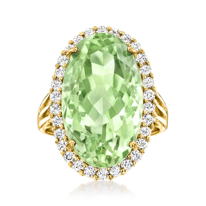 14.00 Carat Prasiolite and .90 ct. t.w. White Topaz Ring in 18kt Gold Over Sterling image number 0