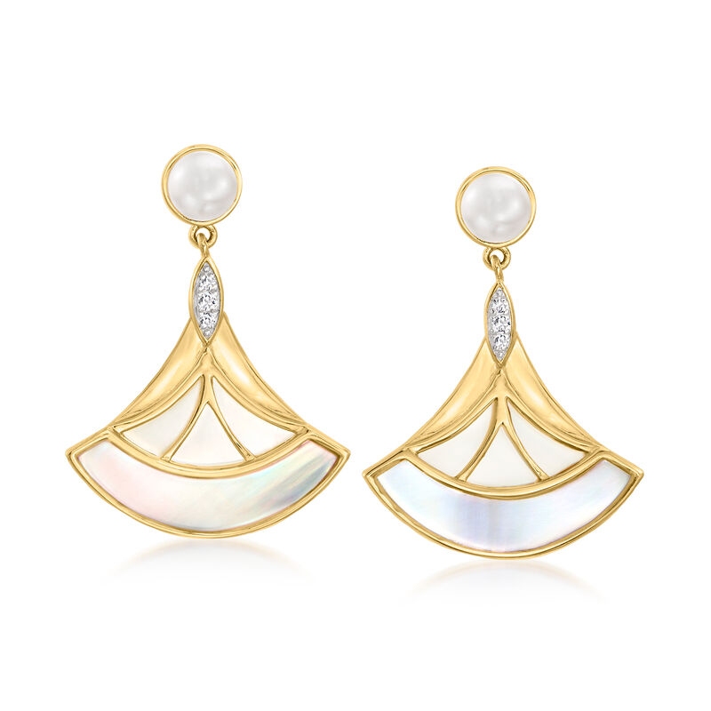 Pink and White Mother-of-Pearl, 5-5.5mm Cultured Pearl and .10 ct. t.w. White Topaz Fan Drop Earrings in 18kt Gold Over Sterling image number 0