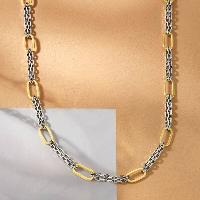 Sterling Silver and 18kt Gold Over Sterling Cable and Paper Clip Link Station Necklace image number 2