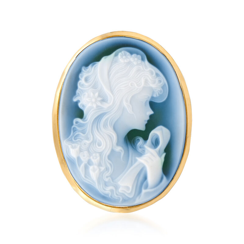 C. 1980 Vintage Blue Agate Cameo Pin Pendant in 18kt Yellow Gold image number 2