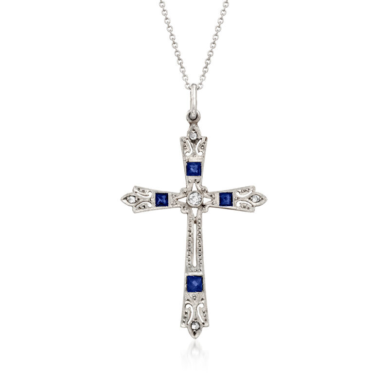 C. 1930 Vintage .60 ct. t.w. Synthetic Sapphire Cross Pendant Necklace with .11 ct. t.w. Diamonds in Platinum and 18kt White Gold image number 0